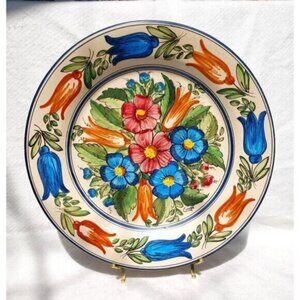 Large Handpainted Spanish Majolica Decor Plate Floral Folk Art Signed by Artist